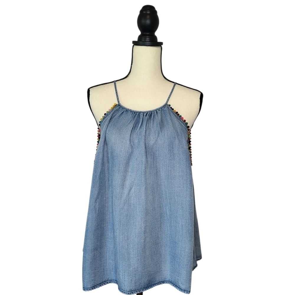 Altar'd State Top Blue Chambray Spaghetti Straps Multicolor Pompoms Swing Size L